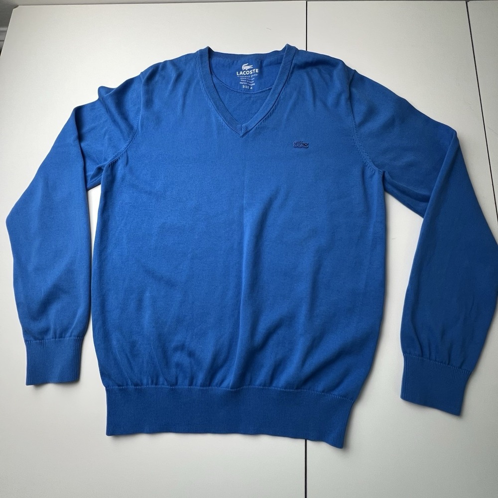 Lacoste Sweater Men's Size 4 (Medium) Blue Cotton V Neck Crocodile Logo Pullover - Picture 1 of 13